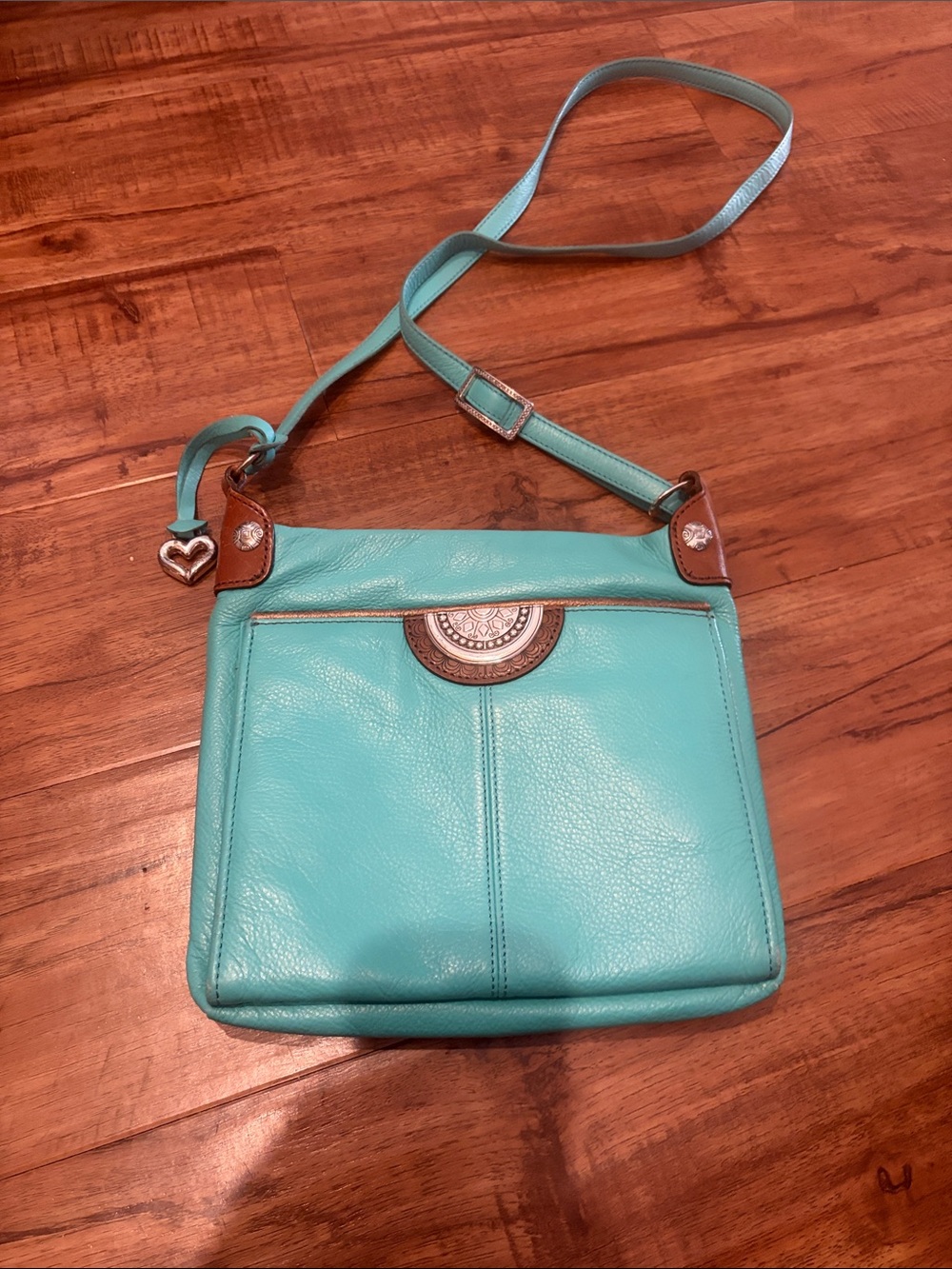Brighton Turquoise Crossbody Bag with Brown Trim and Silver Accents